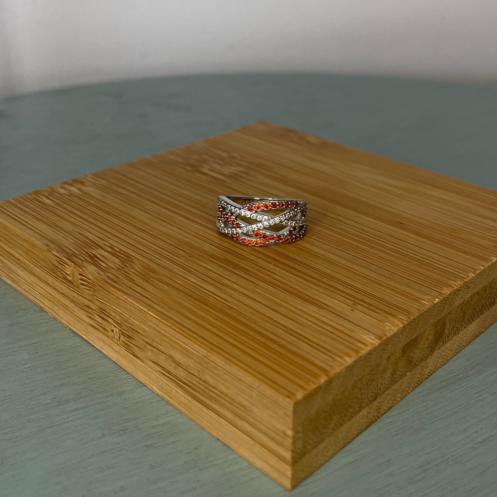 Silver and Orange Patterned Ring - Size 5